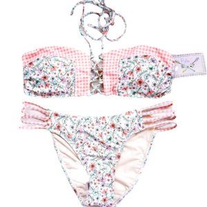 NWT White Floral Strappy Cheeky Bandeau Bikini Set